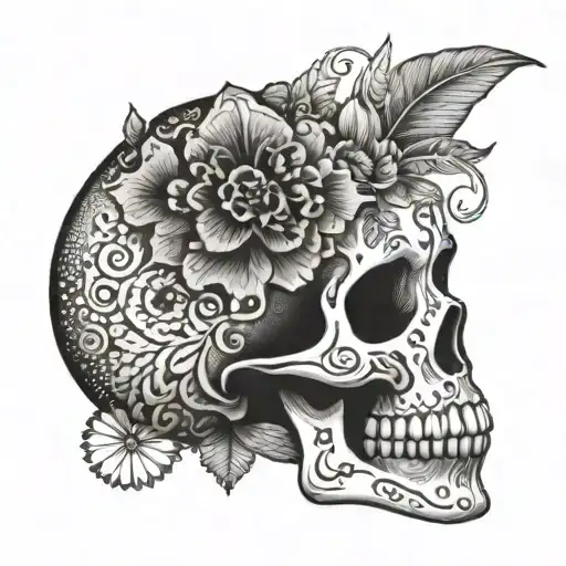Skull adorned with traditional Estonian floral patterns and symbols tattoo design idea