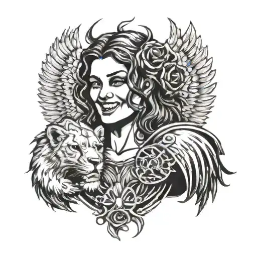 smiling dark angel holding a bleeding lions head  tattoo design idea