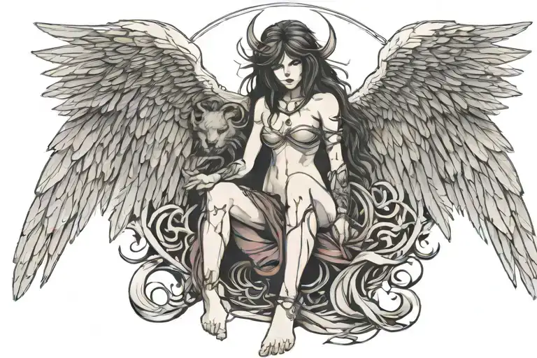 full body dark angel holding a severed lions head  tattoo design idea