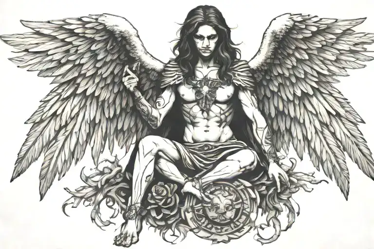 full body dark angel holding a severed lions head  tattoo design idea