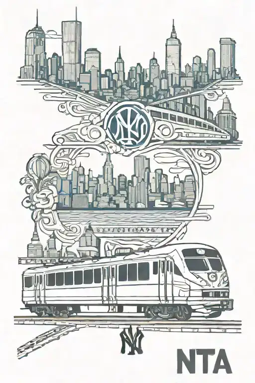 ny skylines with mta train and a yankees logo incorporated tattoo design idea