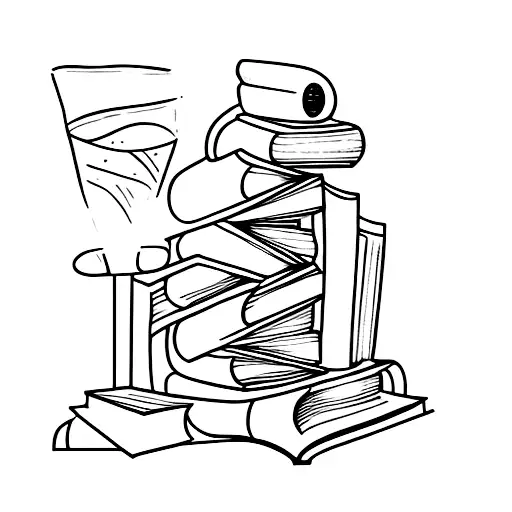 A minimalist tattoo of a bookshelf filled with books and a wine glass tattoo design idea