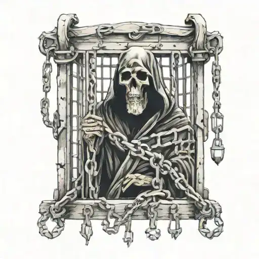 Grim Reaper locked in chains behind cage tattoo design idea