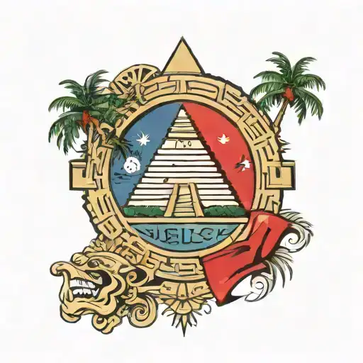 Belize flag incorporated with Mayan pyramid emerging tattoo design idea