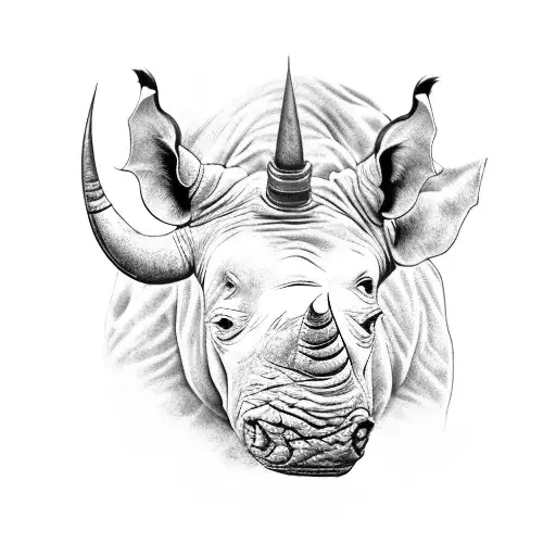 A black-grey tattoo of a majestic rhinoceros surrounded by veterinary instruments, symbolizing the client's dedication to their profession and love for these animals. tattoo design idea