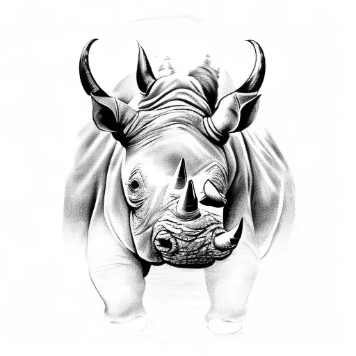 A black-grey tattoo of a majestic rhinoceros surrounded by veterinary instruments, symbolizing the client's dedication to their profession and love for these animals. tattoo design idea