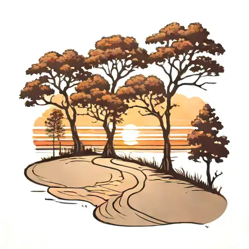 A traditional style tattoo of a family of trees casting long shadows on a sandy beach at sunset tattoo design idea