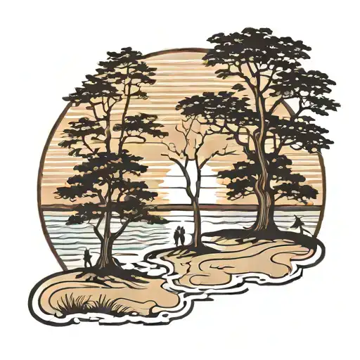 A traditional style tattoo of a family of trees casting long shadows on a sandy beach at sunset tattoo design idea