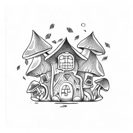 mushroom house tattoo design idea