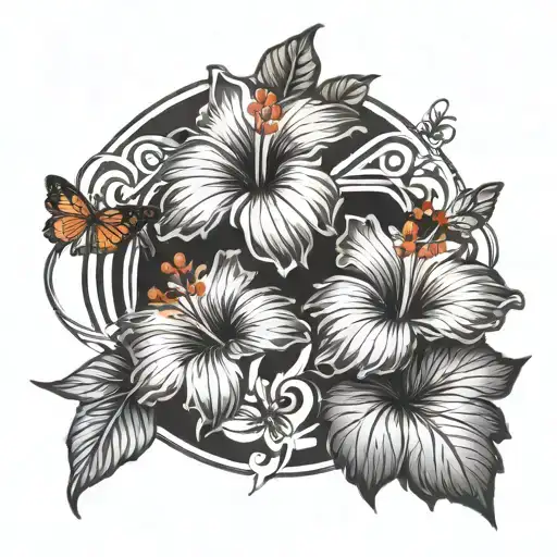 3 hibiscus flower in the center with 2 butterflies morphing into musical notes tattoo design idea