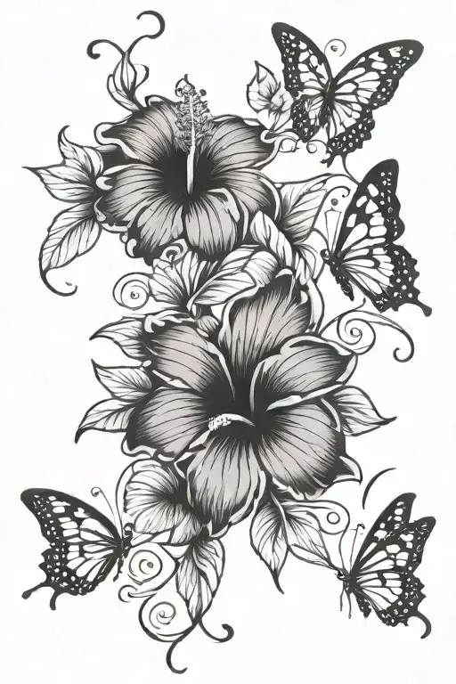 3 hibiscus 2 butterflies intertwined vines tattoo design idea