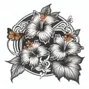3 hibiscus flower in the center with 2 butterflies morphing into musical notes tattoo design idea
