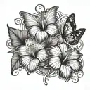 3 hibiscus flower in the center with 2 butterflies morphing into musical notes tattoo design idea