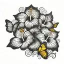 3 hibiscus flower in the center with 2 butterflies morphing into musical notes tattoo design idea