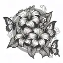3 hibiscus flower in the center with 2 butterflies morphing into musical notes tattoo design idea