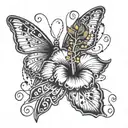 A hibiscus flower morphing into a butterfly with musical notes floating around it tattoo design idea