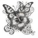 A hibiscus flower morphing into a butterfly with musical notes floating around it tattoo design idea