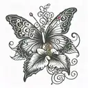 A hibiscus flower morphing into a butterfly with musical notes floating around it tattoo design idea