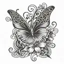 A hibiscus flower morphing into a butterfly with musical notes floating around it tattoo design idea