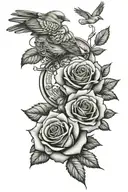 rose sleeve with a mockingbird and a ring tattoo design idea