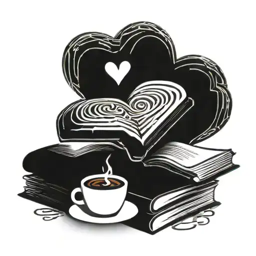 A heart-shaped coffee bean surrounded by open books, symbolizing the client's love for coffee and reading tattoo design idea