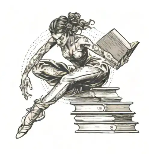 A tattoo of a dancer gracefully leaping over a stack of books, symbolizing the client's passion for dance and reading tattoo design idea
