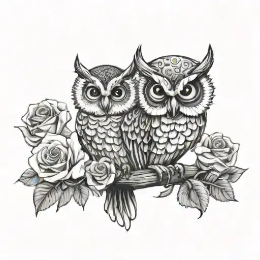 roses owl perched tattoo design idea