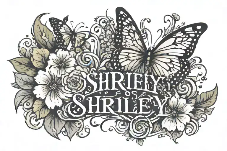 the name Shirley with flowers and butterflies around it tattoo design idea