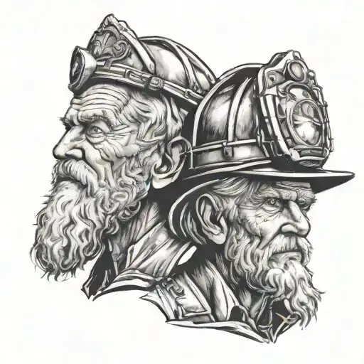 Janus head of firefighter and old man tattoo design idea