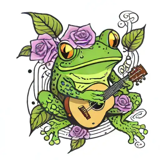 Singing Frog, Ukulele, purple rose, notes tattoo design idea
