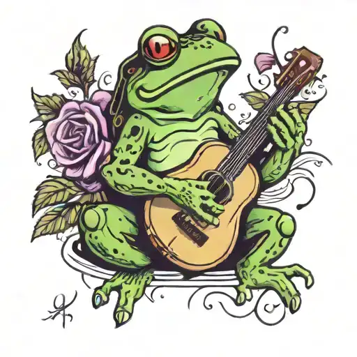 Singing Frog, Ukulele, purple rose, notes floating tattoo design idea