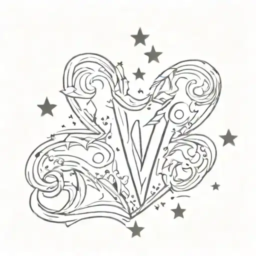 paw print with letter V and heart and stars tattoo design idea