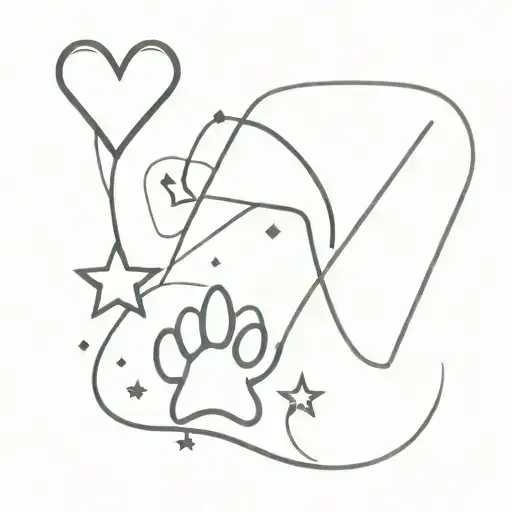 paw print with letter V and heart and stars tattoo design idea