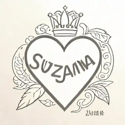 A minimalist tattoo of a heart-shaped manager badge with the name 'Suzana' in the center tattoo design idea