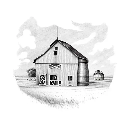 red and white farm windmill and barn tattoo design idea