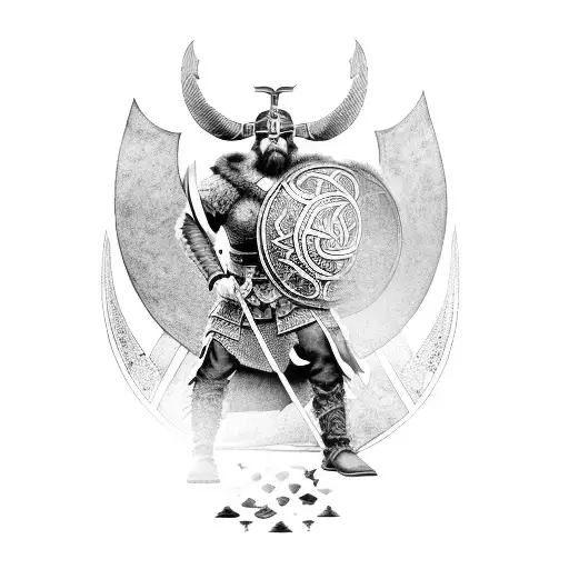 A Viking warrior holding Gungnir in one hand and a shield adorned with tracery in the other, with Odin's ravens flying overhead tattoo design idea