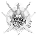 A Viking warrior holding Gungnir in one hand and a shield adorned with tracery in the other, with Odin's ravens flying overhead tattoo design idea