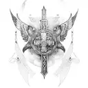 A Viking warrior holding Gungnir in one hand and a shield adorned with tracery in the other, with Odin's ravens flying overhead tattoo design idea