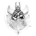 A Viking warrior holding Gungnir in one hand and a shield adorned with tracery in the other, with Odin's ravens flying overhead tattoo design idea