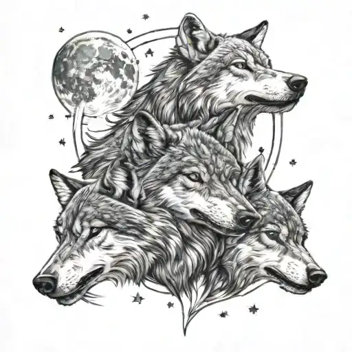 THREE WOLF HEAD WITH MOON AND STARS tattoo design idea