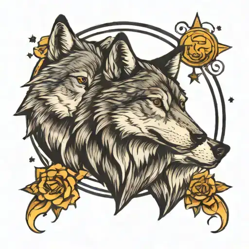 THREE WOLF HEAD WITH MOON AND STARS tattoo design idea