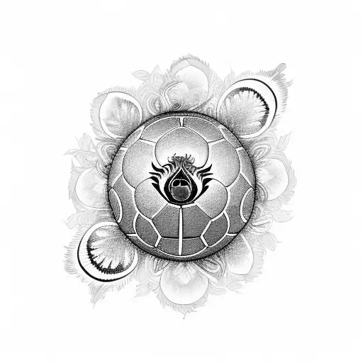 A peacock spreading its feathers in the shape of a football, surrounded by blackwork roses tattoo design idea