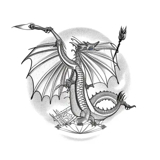 A dragon perched on a windmill, with birds of paradise flowers scattered around tattoo design idea