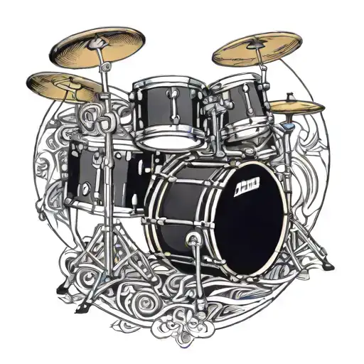 A traditional style tattoo of a drum set surrounded by intricate geometric patterns symbolizing the connection between music and philosophy tattoo design idea
