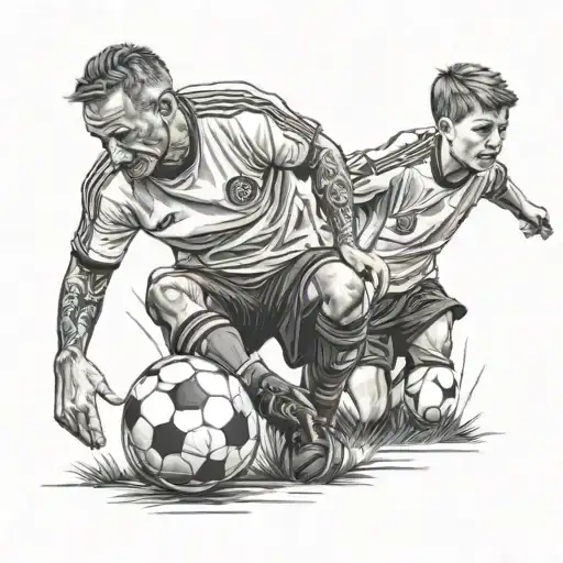 dad and son with soccer ball tattoo design idea