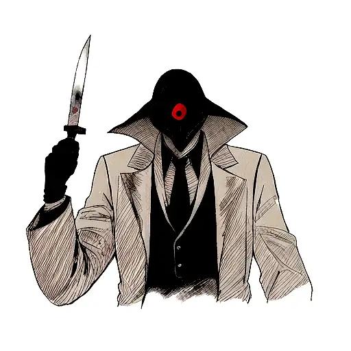a man covered in blood with a plague doctor's mask in one hand and a knife in the other tattoo design idea