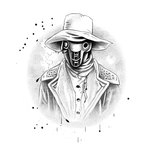 a man covered in blood with a plague doctor's mask in one hand and a knife in the other tattoo design idea