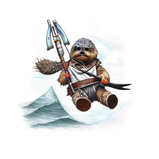 an ewok carrying a harpoon while riding a a small ostrich tattoo design idea