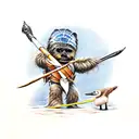 an ewok carrying a harpoon while riding a a small ostrich tattoo design idea