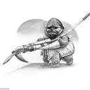 an ewok carrying a harpoon while riding a a small ostrich tattoo design idea